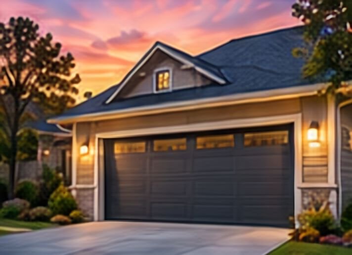 Home with a dark garage door and landscaped driveway at dusk