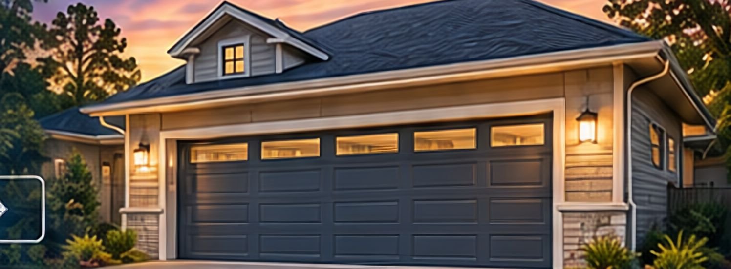 Home exterior with a garage door at dusk