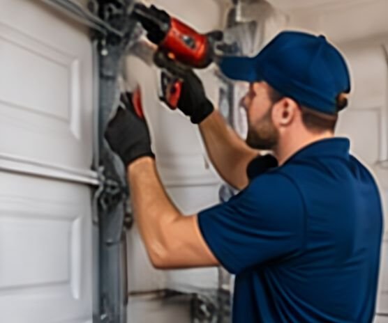 Technician working on the edge of a white garage door section