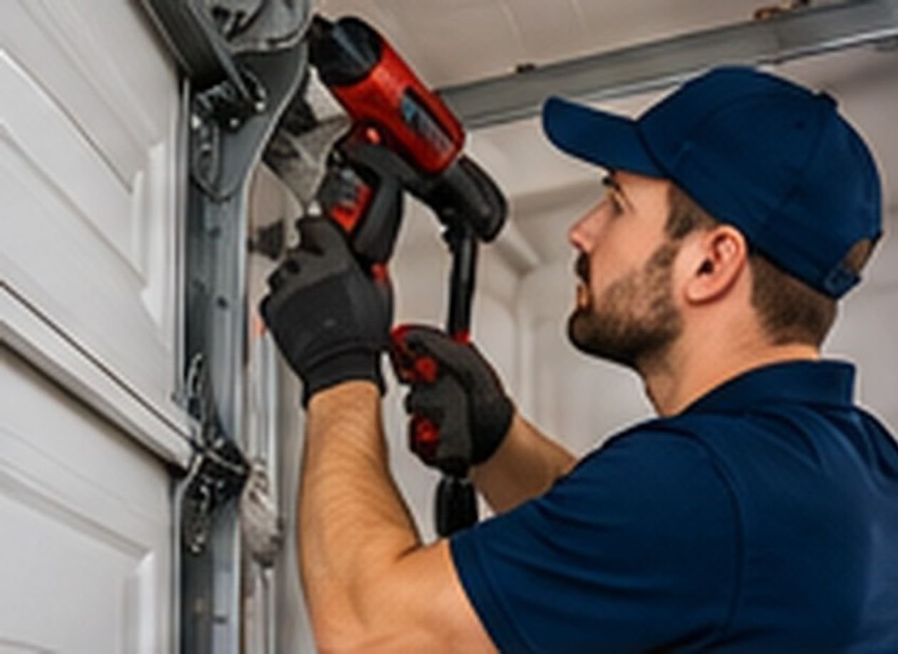 Technician repairing garage door hardware
