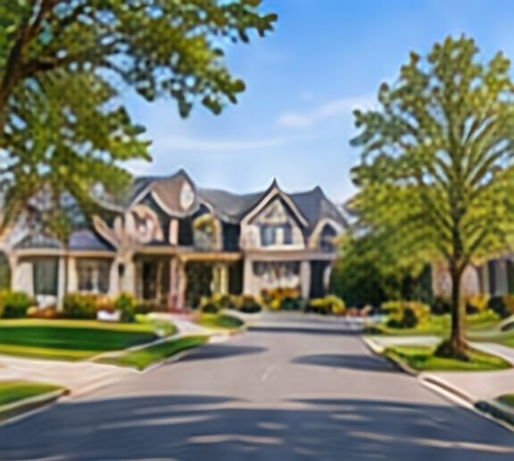 Tree-lined residential street with two-story homes